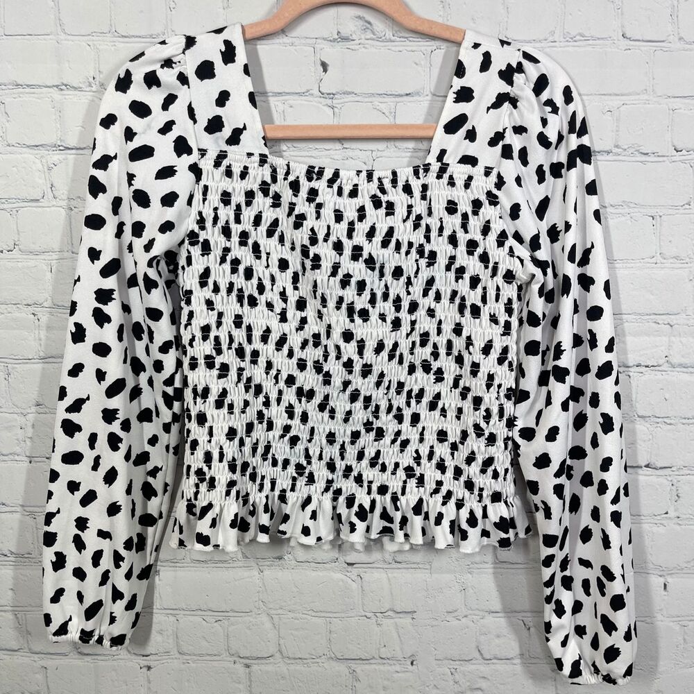 Lark Grey Blouse Women Large White Dots Long Sleeve Square Neck Abstract Top